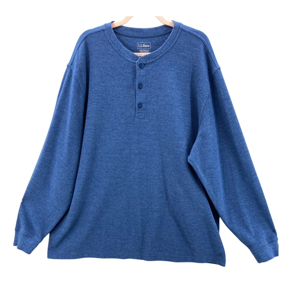LL Bean Henley Shirt Mens XXL Blue Unshrinkable Mini Waffle 502224 Traditional